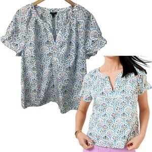 Talbots Womens Floral Scalloped Short-Sleeve Top Size 1X